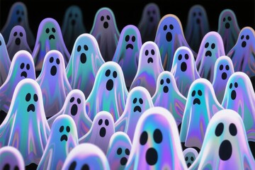 A group of glowing, colorful ghost figures with simple facial expressions in a dark background
