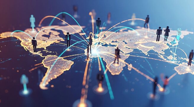 Global digital business network concept with a glowing blue globe and light lines connecting the world