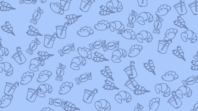 Seamless pattern featuring croissants, candies, and drinks. Perfect for food blogs, packaging design, and restaurant menus. Vibrant and delicious.