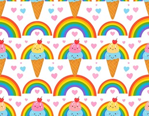 Colorful Pattern of Ice Cream Cones, Rainbows, and Hearts on a White Background