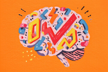 Colorful abstract brain with geometric patterns and symbols on orange background