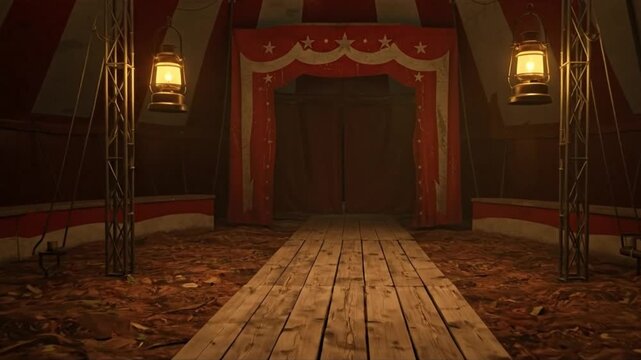 Abandoned circus tent interior with eerie lighting