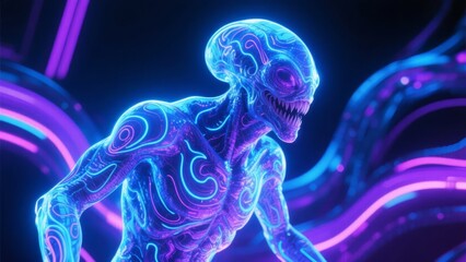 Bioluminescent alien creature with glowing patterns in a futuristic environment