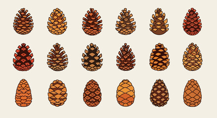 Vector Icons Set of Collection of various hand drawn pine cones botanical illustration set. EPS Editable