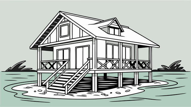 House illustration lake house waterfront home stilt house beach house drawing cottage illustration summer house design vacation home coastal dwelling architectural drawing home design.