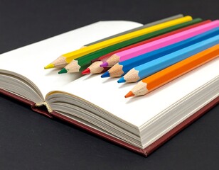Colorful pencils resting on an open book, perfect for education and creativity