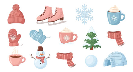 Vector Icons Set of Cute winter season elements collection with snowman skates and hot chocolate. Vector Illustrations. EPS Editable