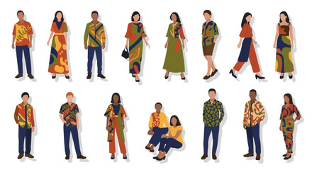Vector Icons Set of Diverse collection of multicultural people wearing colorful modern batik fashion. Vector Illustrations. EPS Editable