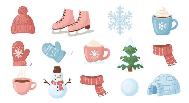 Vector Icons Set of Cute winter season elements collection with snowman skates and hot chocolate. Vector Illustrations. EPS Editable