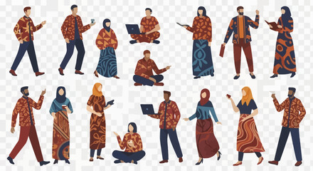 Naklejka premium Vector Icons Set of Diverse Modern People Characters in Traditional Indonesian Batik Clothing. Vector Illustrations. EPS Editable