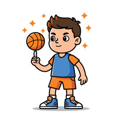 Fototapeta premium A cheerful cartoon boy skillfully balances a vibrant orange basketball on his fingertip, showcasing his playful athletic talent with sparkling enthusiasm.