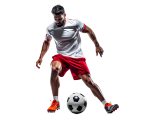 Focused football athlete in motion controlling the soccer ball, isolated on a transparent background, PNG