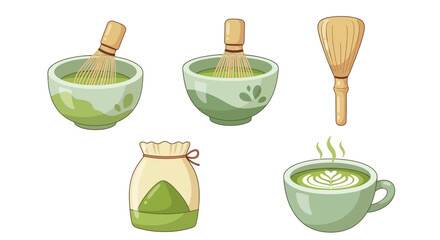 Vector Icons Set of Japanese matcha green tea ceremony equipment set illustration. Vector Illustrations. EPS Editable