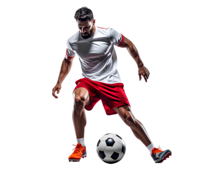Focused football athlete in motion controlling the soccer ball, isolated on a transparent background, PNG - Powered by Adobe