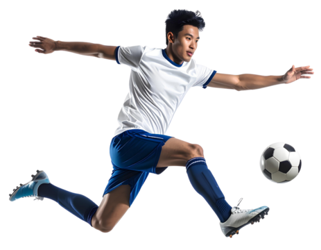 Asian male football player leaping midair to receive a soccer ball pass, isolated on a transparent background, PNG