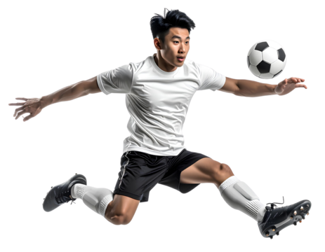 Asian male football player leaping midair to receive a soccer ball pass, isolated on a transparent background, PNG