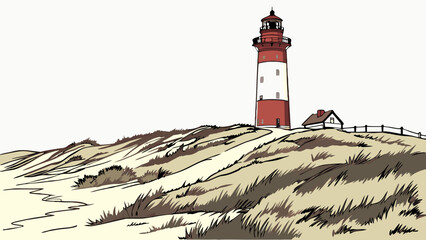 Lighthouse on Coastal Dunes Nautical Illustration Coastal Landscape Seaside Scenery Beacon Illustration Maritime Graphic Tower Illustration.