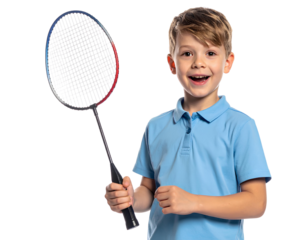 Excited joyful Caucasian child holding a badminton racket while looking active, isolated on a transparent background, PNG