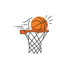 A vibrant orange basketball swiftly descends through a classic hoop and net, illustrating the thrilling moment of scoring in a dynamic game.