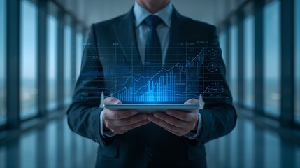 a businessman using a tablet displays financial data, The image captures the essence of business and technology with its focus on digital transformation
