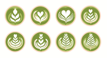 Vector Icons Set of matcha green tea latte art designs top view watercolor illustration. Vector Illustrations. EPS Editable