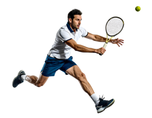 Professional male tennis player executing a powerful jumping smash mid-air, isolated on a transparent background, PNG