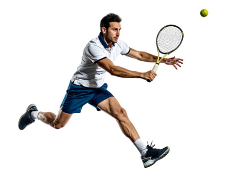 Professional male tennis player executing a powerful jumping smash mid-air, isolated on a transparent background, PNG - Powered by Adobe