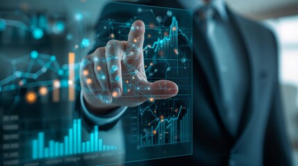 a man interacting with a futuristic digital interface, exploring complex data visualizations and financial analytics