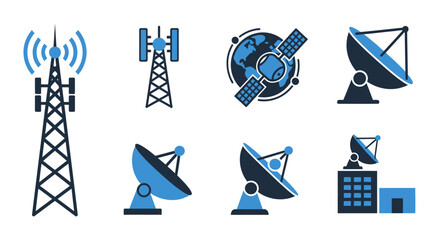 Vector Icons Set of Telecommunication Technology Icon Set with Towers and Satellites. EPS Editable