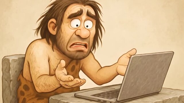 Primitive Male Hacker Working on Laptop with a Funny Expression
