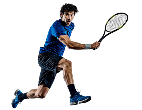 Professional male tennis player executing a powerful jumping smash mid-air, isolated on a transparent background, PNG - Powered by Adobe