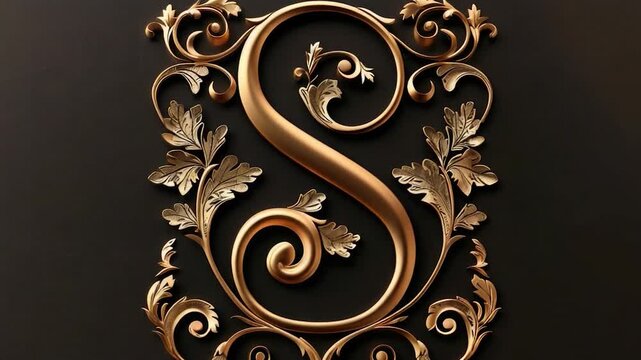 video A gold letter S surrounded by leaves and vines on a dark background, suitable for use in designs related to luxury, elegance, or nature