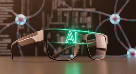 Close-up of eyeglasses with neon "AI" sign, representing artificial intelligence, technology, and futuristic concepts; suitable for innovation themes