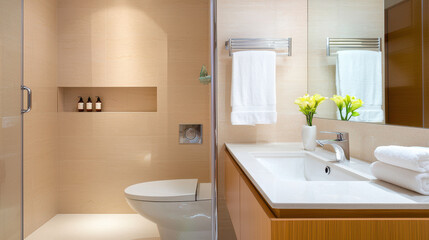 Fototapeta premium Modern bathroom design features sleek shower area, elegant toilet, and stylish sink with fresh flowers. serene and inviting space