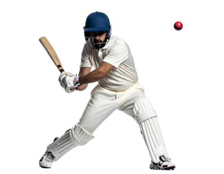 Cricket batter swinging his bat to hit the ball, isolated on a transparent background, PNG