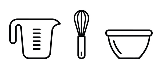 Get cooking with this minimalist icon set of a measuring cup, whisk, and mixing bowl, perfect for baking blogs and recipe websites, inspiring culinary creativity