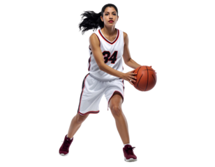 Basketball player in white jersey number 34 skillfully maneuvering the ball, isolated on a transparent background, PNG