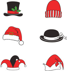 Christmas Hats Icon Set, Santa, Beanie, Top Hat, Bowler, and Jester, Vector illustration.