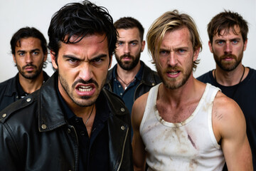 Five men standing together, looking serious, against a plain white background, likely a band or group.