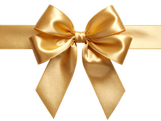 Elegant Golden Ribbon with Central Bow, Horizontal Gift Decoration, isolated on transparent background