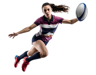 Rugby athlete diving forward to catch a ball pass, isolated on a transparent background, PNG