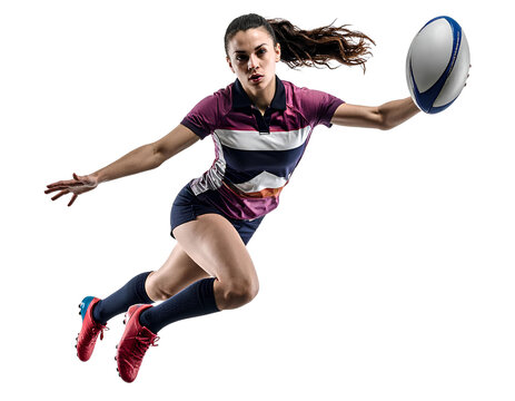 Rugby athlete diving forward to catch a ball pass, isolated on a transparent background, PNG - Powered by Adobe