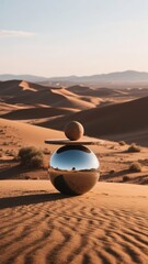 Reflective metallic sphere with balanced stone in a desert landscape