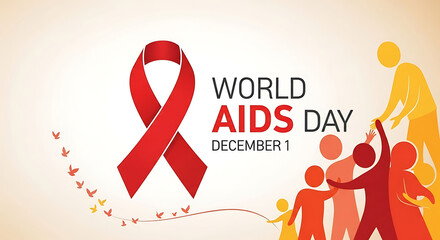 world aids day, red ribbon, people silhouettes, warm tones, minimalist design, international event, health awareness, medical symbol, compassion, aid, solidarity
