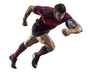 Rugby player skillfully dodging an oncoming tackle with agility, isolated on a transparent background, PNG