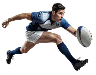 Rugby player skillfully dodging an oncoming tackle with agility, isolated on a transparent background, PNG