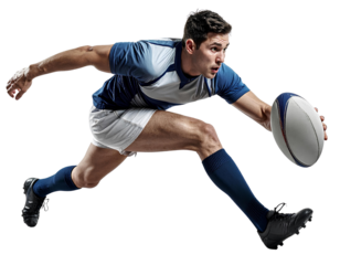 Rugby player skillfully dodging an oncoming tackle with agility, isolated on a transparent background, PNG