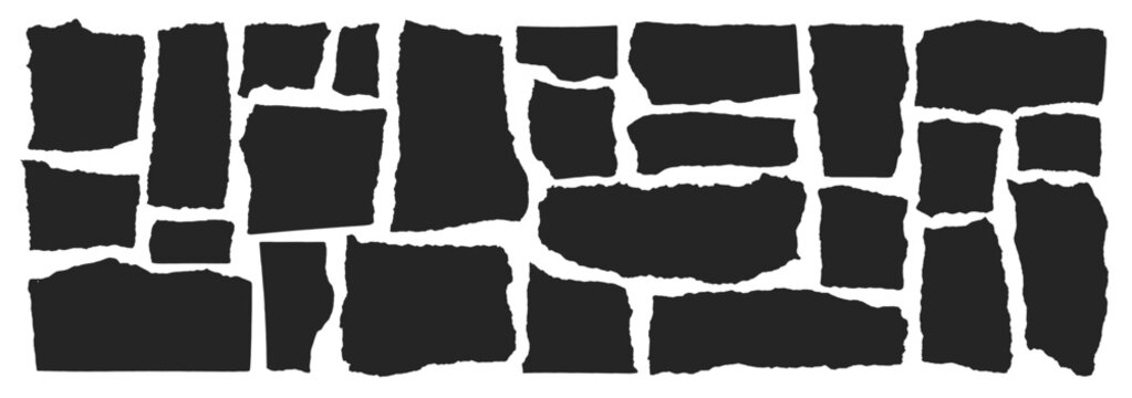 Paper with rip edge. Black rough shape. Vector strip, piece of torn rip paper. Cut collage background. Rectangle label with tear edge. Grunge jagged old banner. Frame patch square tag bg. Scratch set