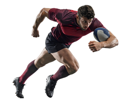 Rugby player skillfully dodging an oncoming tackle with agility, isolated on a transparent background, PNG