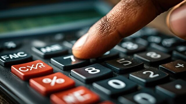 Precision Calculation: A finger delicately presses a button on a calculator, highlighting a focus on financial analysis and mathematical precision. This image represents detail of a computation.